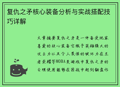 复仇之矛核心装备分析与实战搭配技巧详解